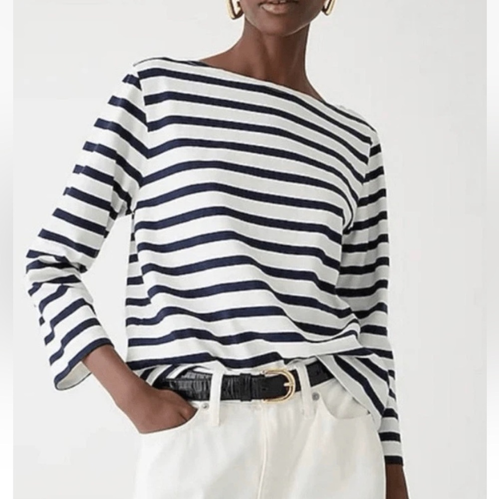 J Crew women boatneck white shirt black navy stripe size M Cotton 3/4 sleeve - Picture 1 of 8